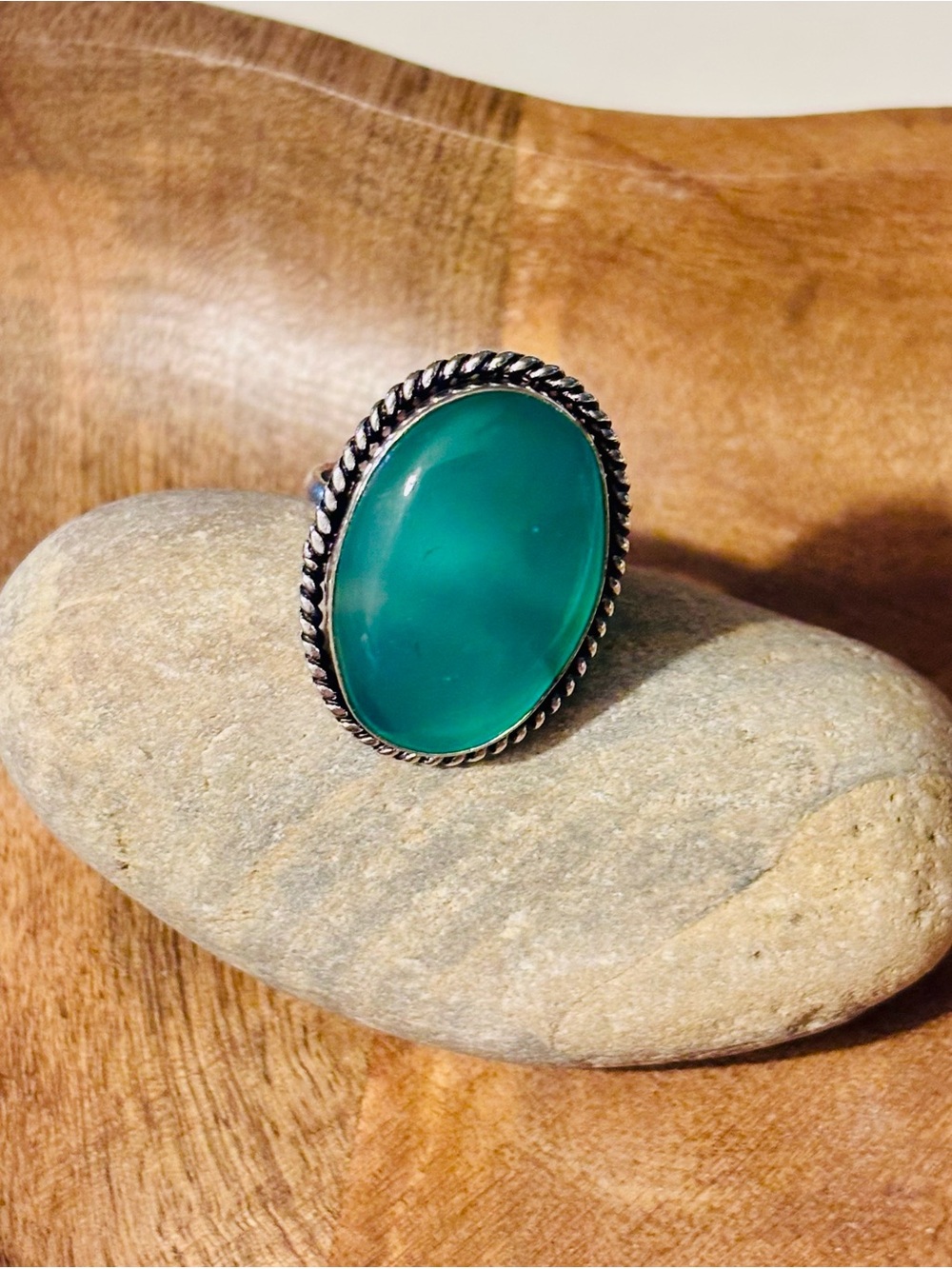 Forest Blue Oracle Oval Statement Ring Sterling Silver Plated Size 8